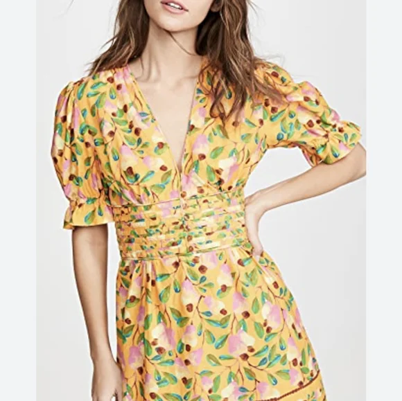 Farm Rio Yellow Floral Linen Cashew Dress Size Med - Picture 3 of 6